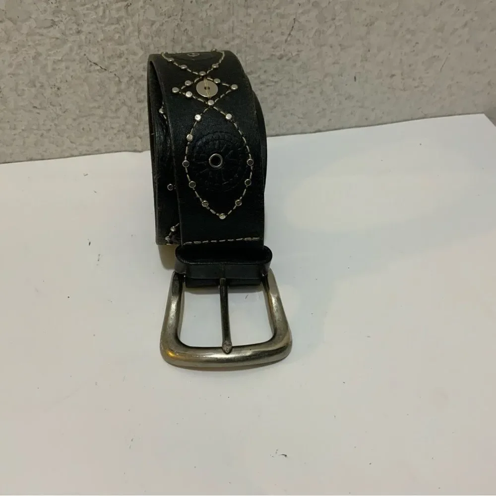 Fossil Leather Belt Embossed Flower Metal Stud Accents, size Medium